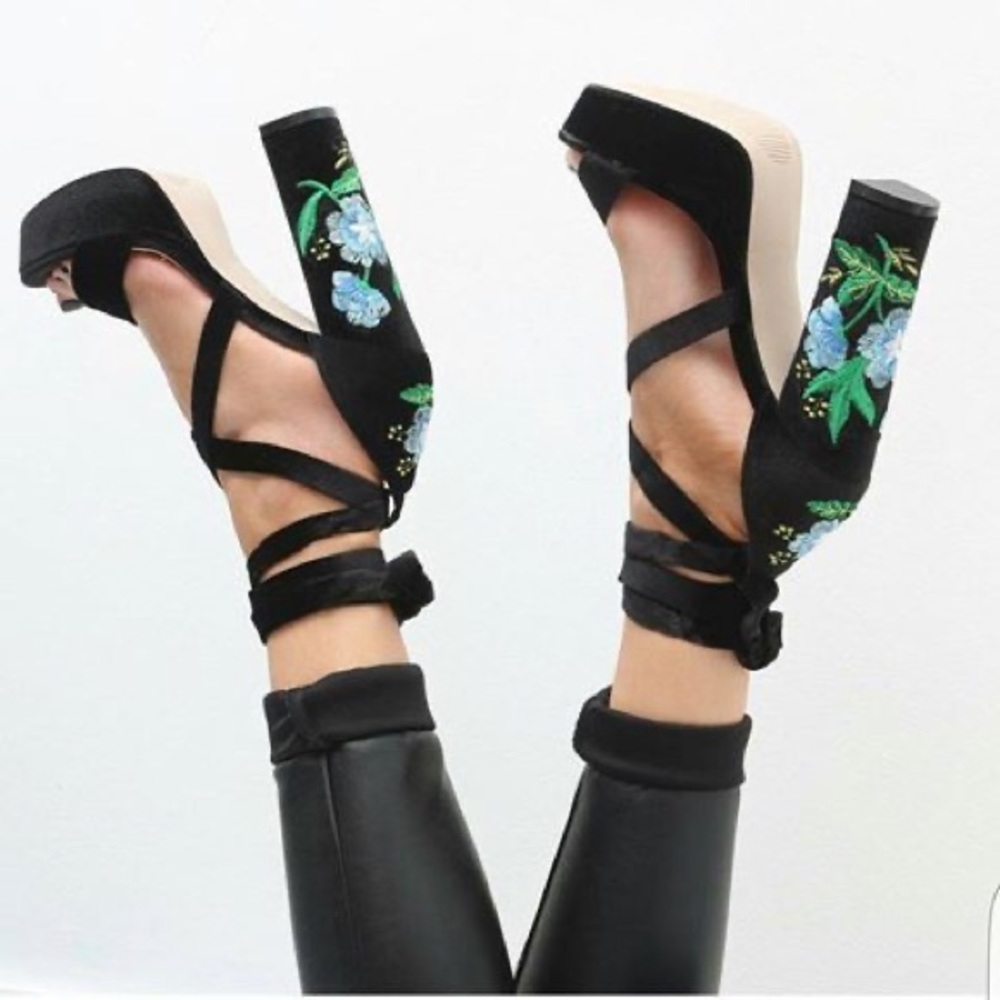 Public Desire Iona Black Blue Floral Lace Up Heels